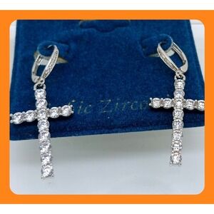Vintage 1990s Cubic Zirconia Cross Drop Earrings Silver Tone Leverback Rare NEW